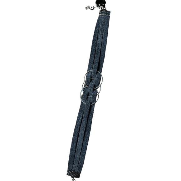 Braided Faux Leather Bracelet with Silver Tone Rings & Charm Adj 8.5” Navy Blue - Picture 3 of 4